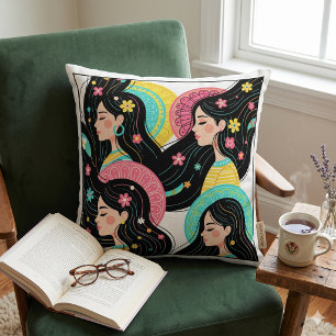 Colourful Folk Art Floral Portraits - Modern Boho Cushion