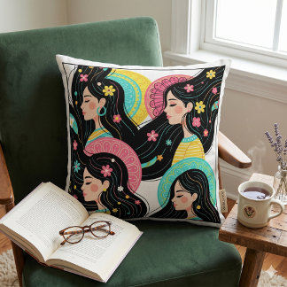 Colourful Folk Art Floral Portraits - Modern Boho Cushion