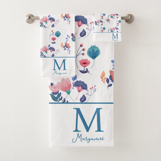 Colourful Folk Art Flowers Monogram Initial Bath Towel Set (Insitu)