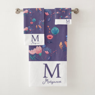 Colourful Folk Art Flowers Purple Monogram Initial Bath Towel Set