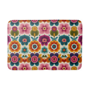 Colourful Folk Art Flowers Retro 70s Floral Patter Bath Mat