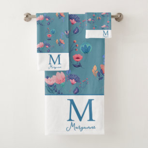 Colourful Folk Art Flowers Teal Monogram Initial Bath Towel Set