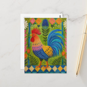 Colourful Folk Art Rooster Postcard