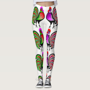 Colourful Folk Art Roosters Leggings