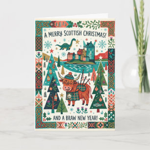 Colourful Folk Art Scottish Christmas Card