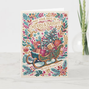 Colourful Folk Art Sleigh Christmas Card