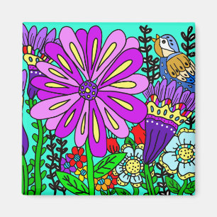 Colourful Folk Art Style Bird and Flowers Magnet