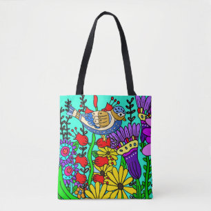 Colourful Folk Art Style Bird and Flowers Tote Bag
