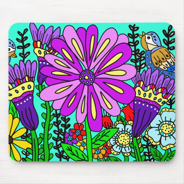 Colourful Folk Art Style Birds and Flowers   Mouse Pad (Front)