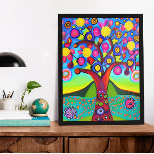 Colourful Folk Art Style Tree   Photo Print