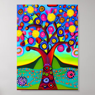 Colourful Folk Art Style Tree Poster
