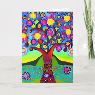 Colourful Folk Art Style Tree   Thinking of You Card
