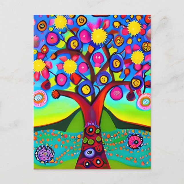 Colourful Folk Art Style Tree | Thinking of You Postcard (Front)