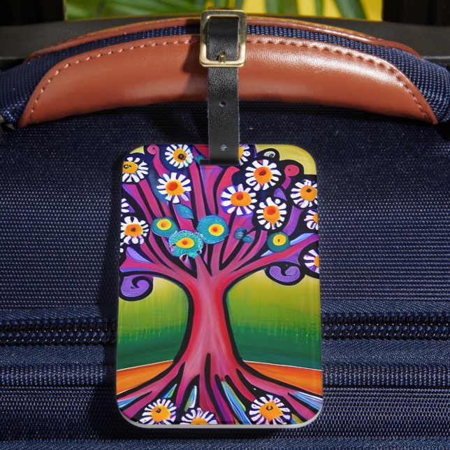 Colourful Folk Art Style Whimsical Tree   Luggage Tag (Front Insitu 2)