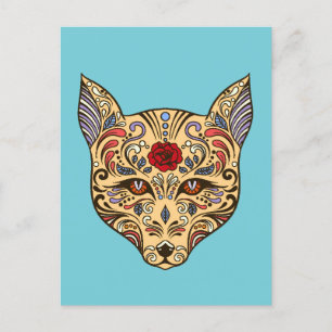 Colourful Folk Art Sugar Skull Magical Fox Postcard