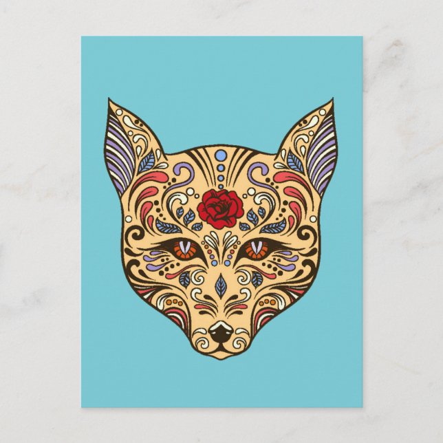 Colourful Folk Art Sugar Skull Magical Fox Postcard (Front)