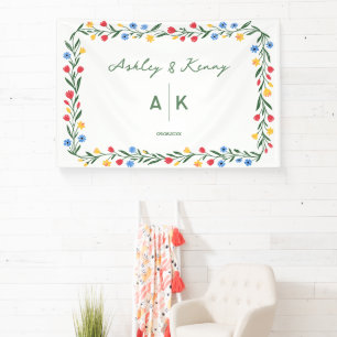 Colourful Folk Art Wildflower Monogram Wedding Banner