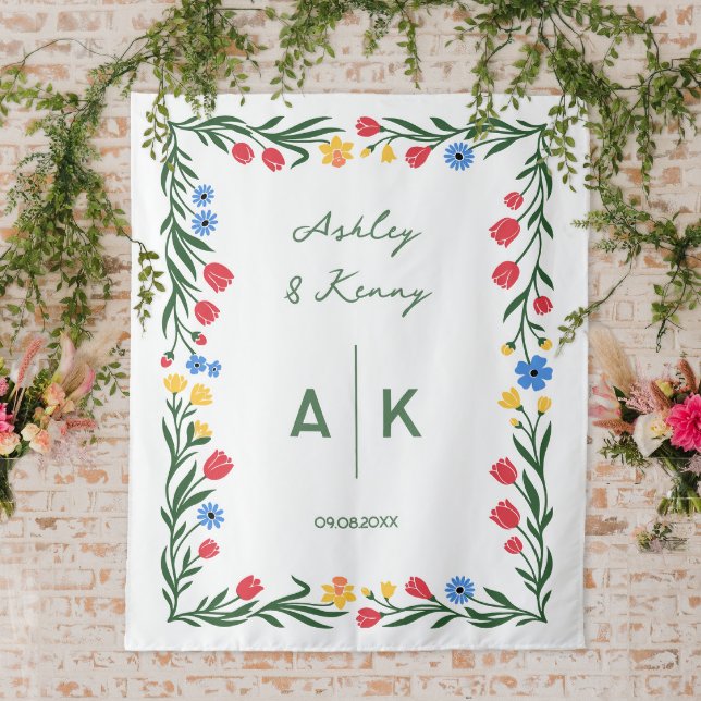 Colourful Folk Art Wildflower Monogram Wedding Tapestry (Creator Uploaded)