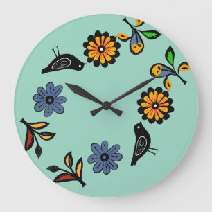 Colourful folk floral and birds large clock