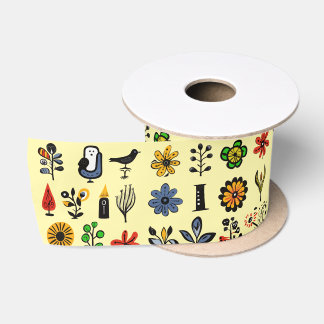 Colourful folk floral and birds satin ribbon