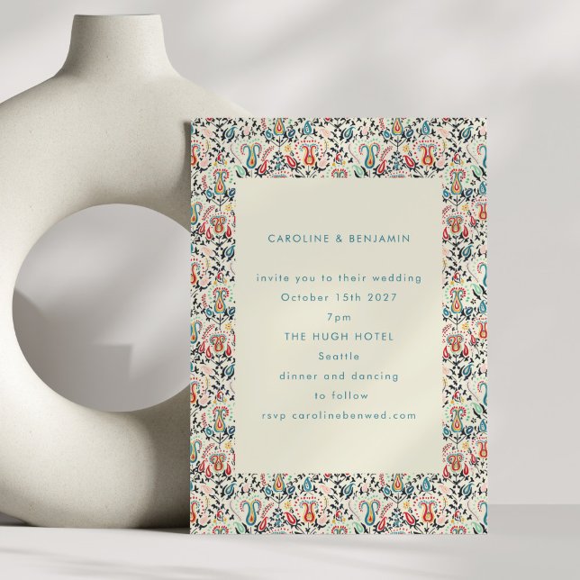 Colourful Folk Floral Border Boho Red Blue Wedding Invitation (Creator Uploaded)