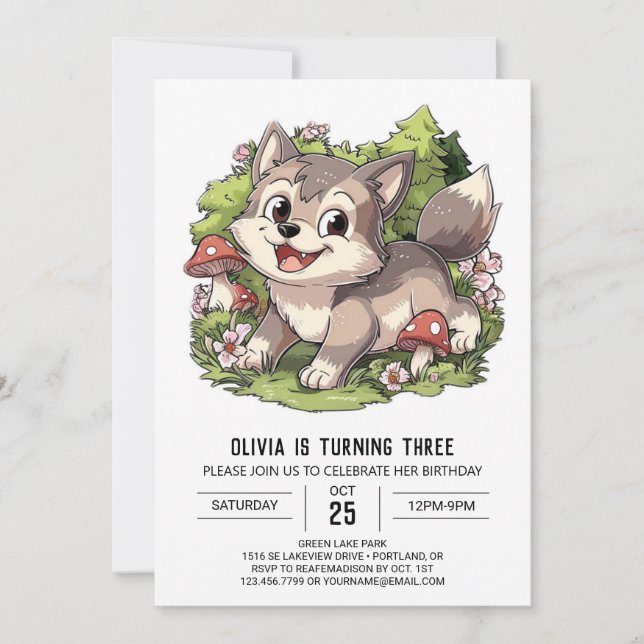 Colourful Forest Digital Wolf Birthday Invitation (Front)