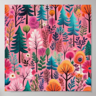 Colourful forest floral original digital painting poster