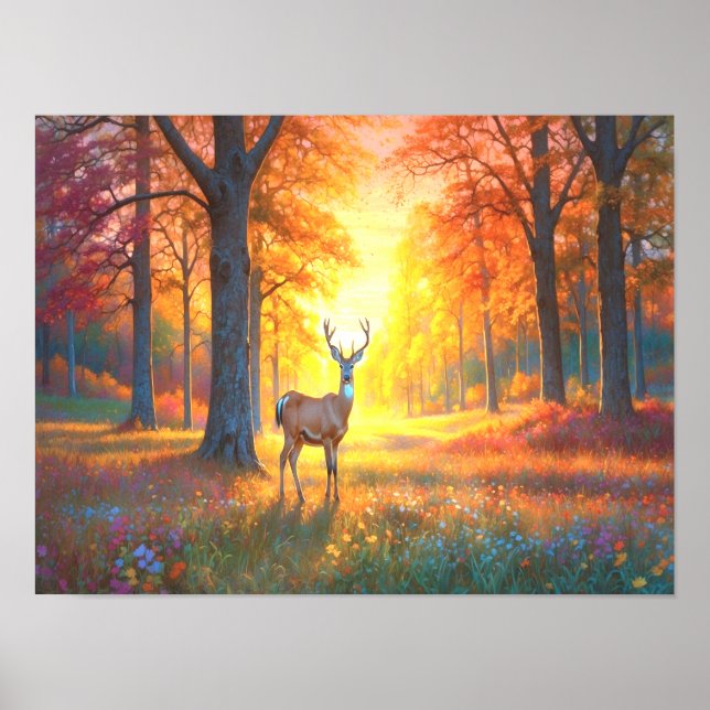 Colourful Forest Flowers and Deer Art Poster (Front)