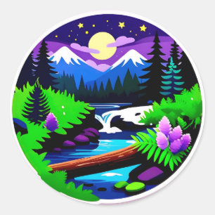 Colourful Forest Landscape With Moonlit Stream Classic Round Sticker