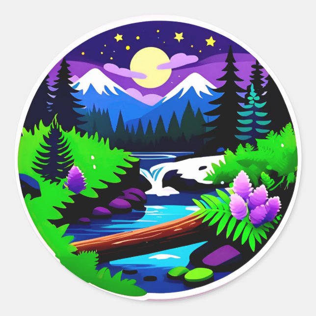 Colourful Forest Landscape With Moonlit Stream Classic Round Sticker (Front)