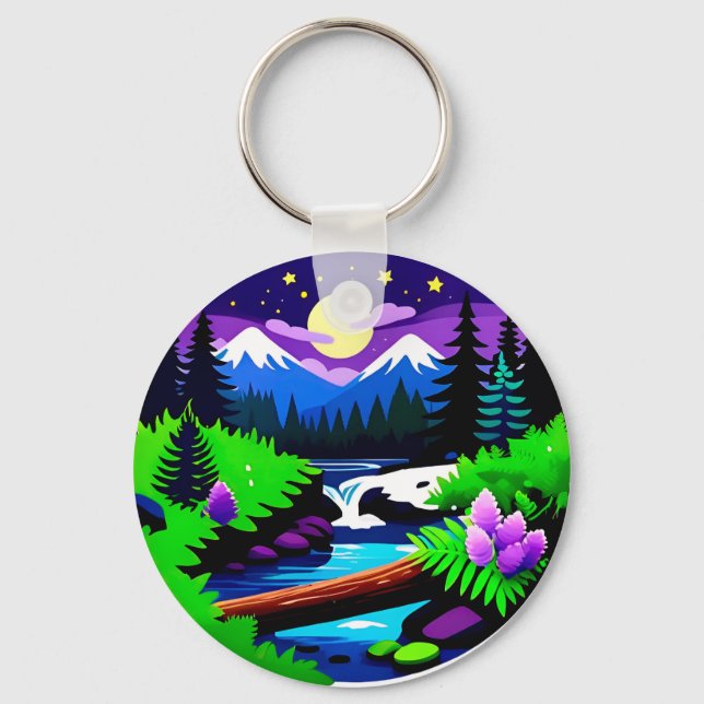 Colourful Forest Landscape With Moonlit Stream Key Ring (Front)
