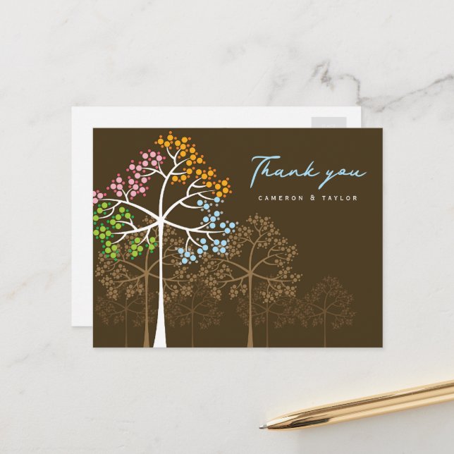 Colourful Four Seasons Dotted Trees Modern Wedding Postcard (Front/Back In Situ)
