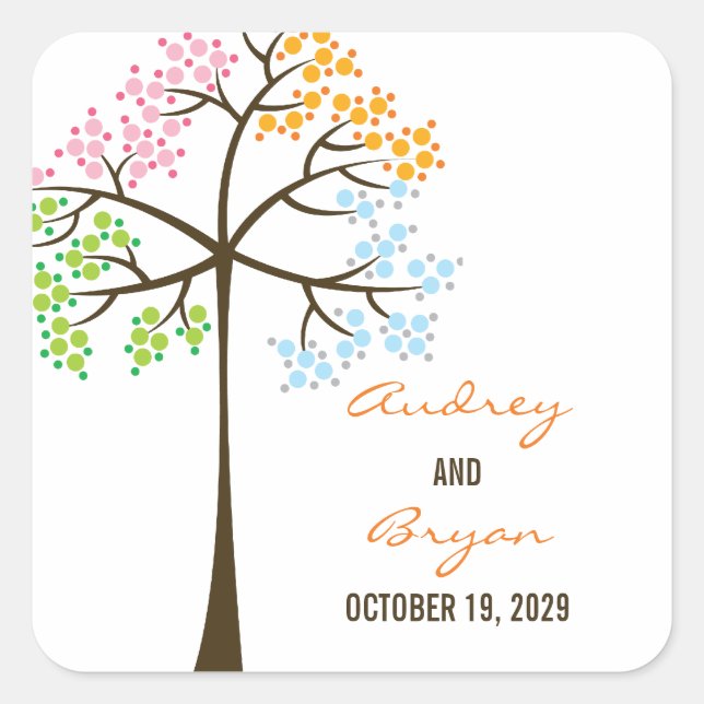 Colourful Four Seasons Trees Modern Wedding Sticke Square Sticker (Front)