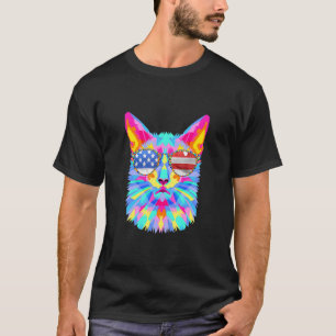 Colourful Fractal Cat Sunglasses Usa Flag Merica T-Shirt