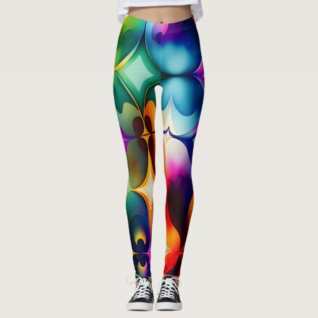 Colourful Fractal Flowers Rainbow Pattern Leggings (Front)