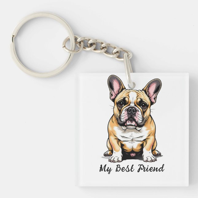 Colourful French Bulldog Portrait Key Ring (Front)