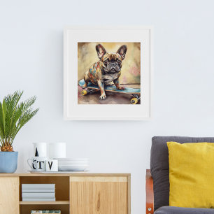 colourful French Bulldog sitting on skateboard Poster