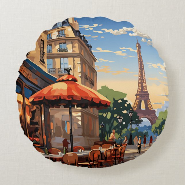 Colourful French Cafe Eifel Tower Paris France Round Cushion (Front)