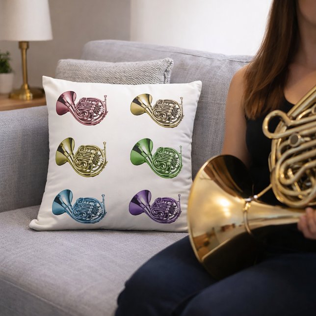 Colourful French Horn Pop Art  Cushion (A throw pillow with a rainbow pattern of french horns.)
