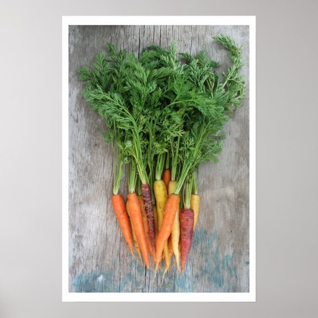 Colourful Fresh Carrots on Wood Table Poster (Front)
