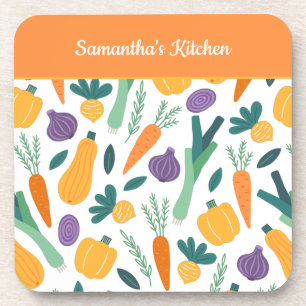 Colourful Fresh Vegetable Pattern with Name Orange Coaster