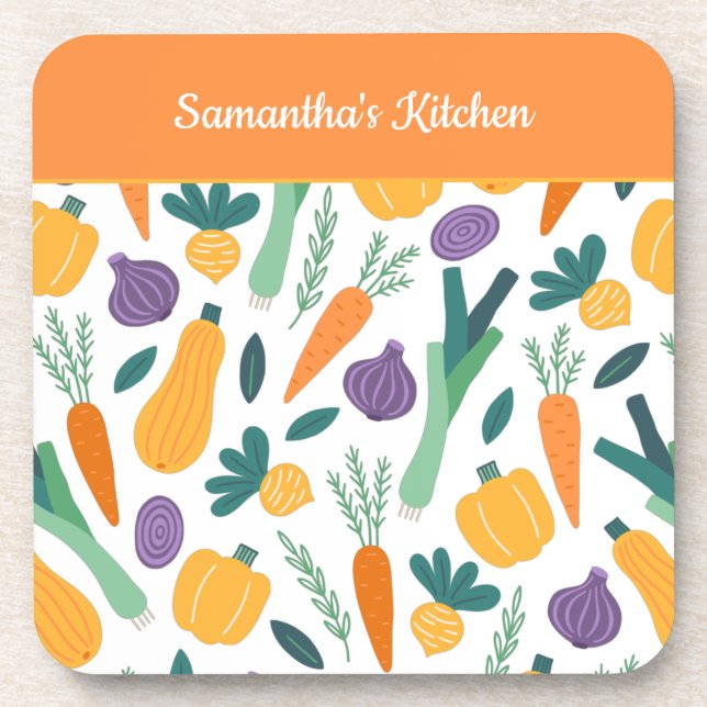Colourful Fresh Vegetable Pattern with Name Orange Coaster (Front)