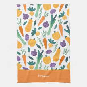 Colourful Fresh Vegetable Pattern with Name Orange Tea Towel