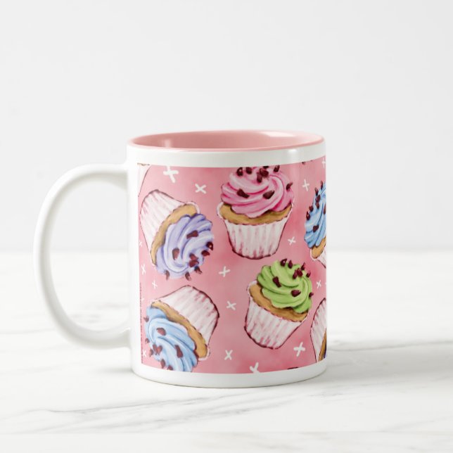 Colourful Frosted Cupcakes Pattern Two-Tone Coffee Mug (Left)