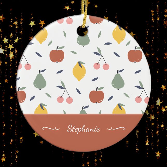 Colourful Fruit Pattern First Name Red Christmas Ceramic Tree Decoration (Creator Uploaded)