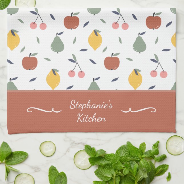 Colourful Fruit Pattern First Name Red Tea Towel (Folded)