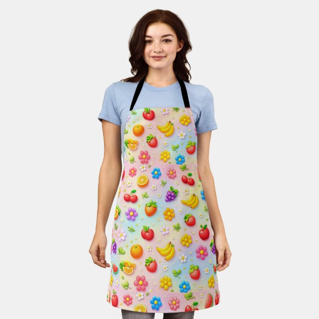 Colourful Fruit Pattern With Flowers and Fruits Apron (Worn)