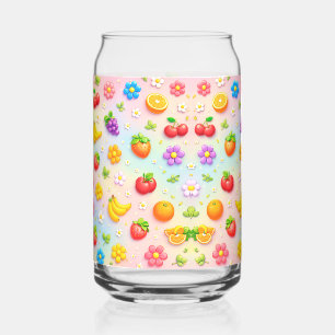 Colourful Fruit Pattern With Flowers and Fruits Can Glass