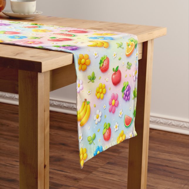 Colourful Fruit Pattern With Flowers and Fruits Short Table Runner (In Situ)