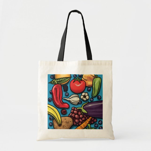 Colourful Fruits and Vegetables on Blue tote Bag (Front)